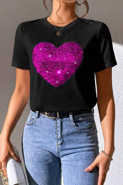 Heart Sequin Round Neck Short Sleeve T-Shirt - Carri's Cache