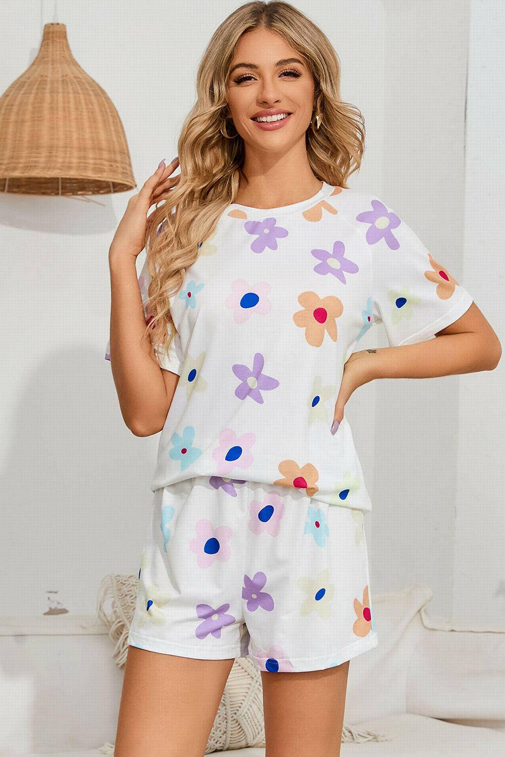 Floral Round Neck Raglan Sleeve Top and Shorts Lounge Set - Carri's Cache