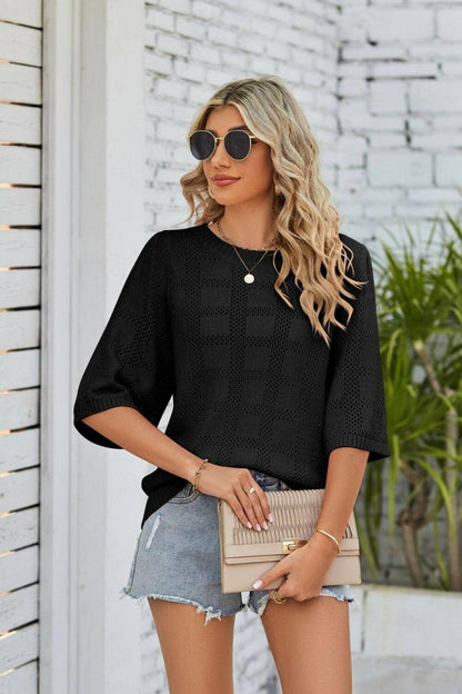 Ribbed Trim Round Neck Knit Top.