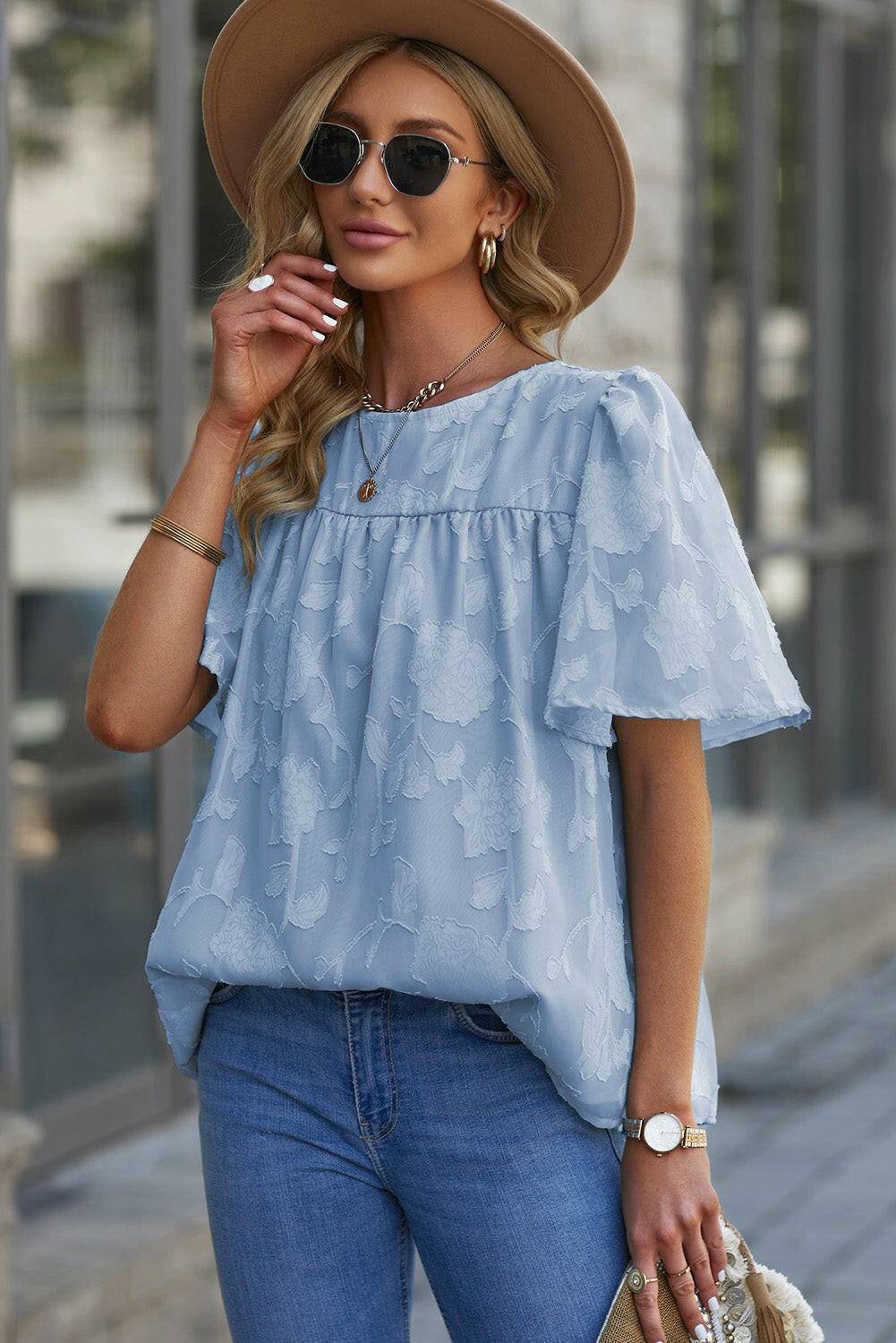 Round Neck Puff Sleeve Blouse - Carri's Cache