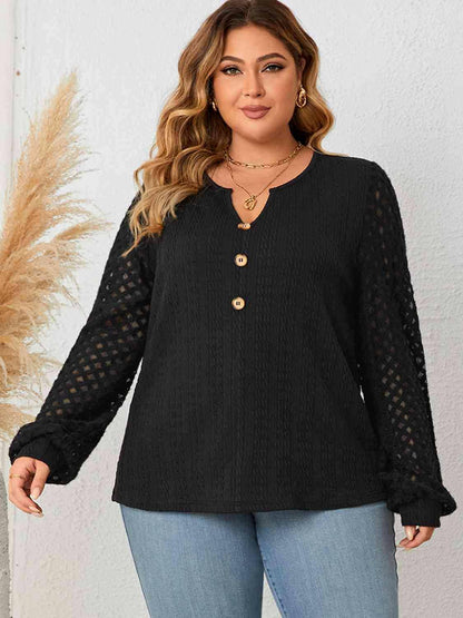 Plus Size Openwork Notched Button Front Blouse - Carri's Cache