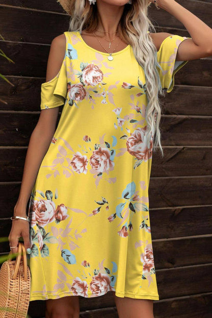 Floral Round Neck Cold-Shoulder Dress.