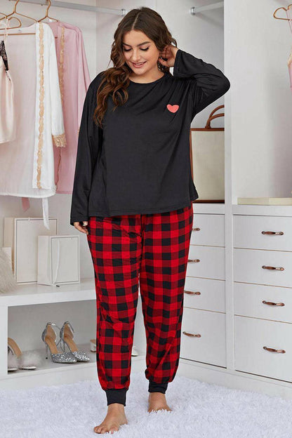 Plus Size Heart Graphic Top and Plaid Joggers Lounge Set - Carri's Cache