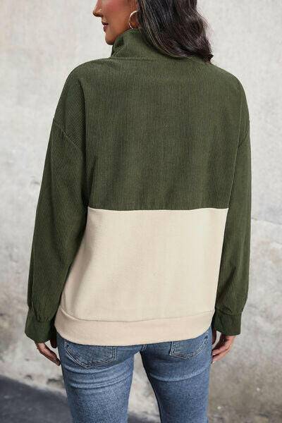 Ribbed Color Block Half Button Sweatshirt - Carri's Cache