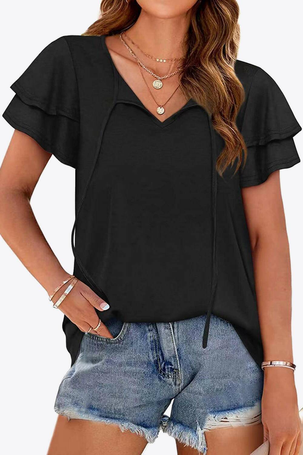 Tie-Neck Layered Flutter Sleeve Blouse.