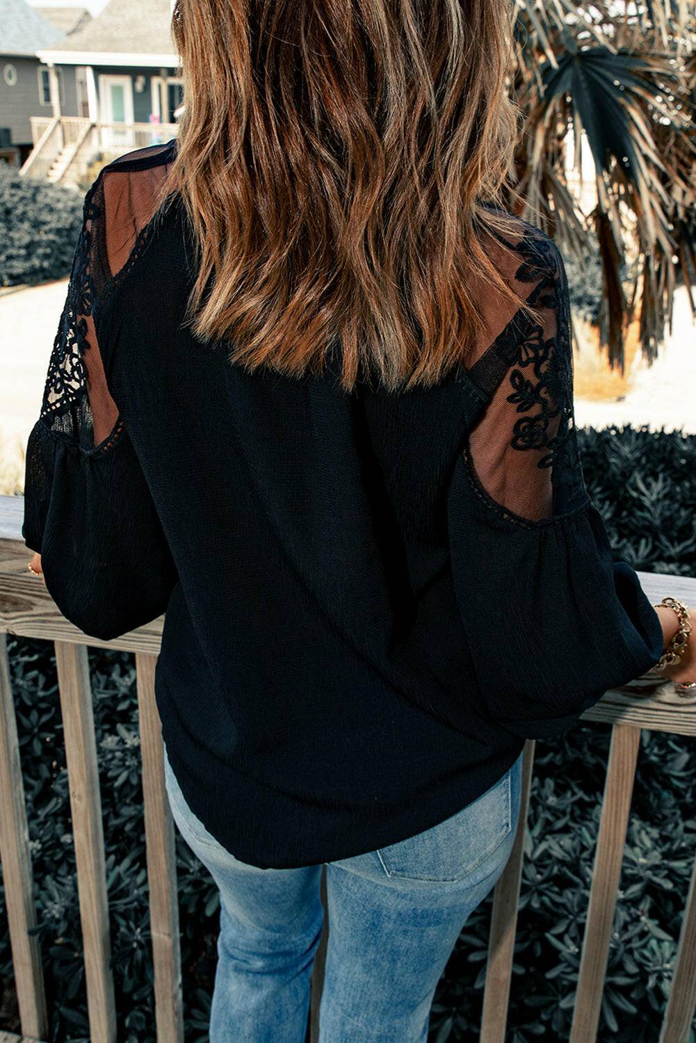 Embroidered Tie-Neck Puff Sleeve Blouse.