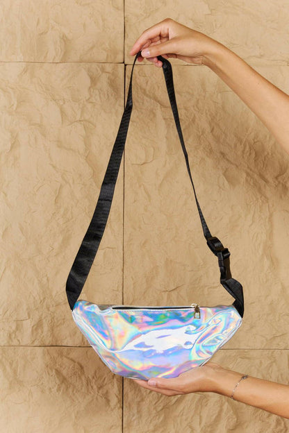 Fame Good Vibrations Holographic Double Zipper Fanny Pack in Silver - Carri's Cache