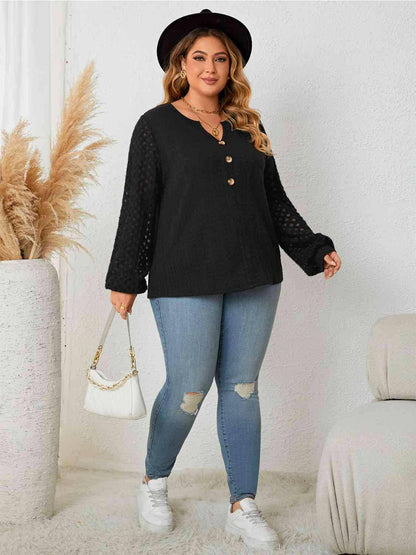 Plus Size Openwork Notched Button Front Blouse - Carri's Cache