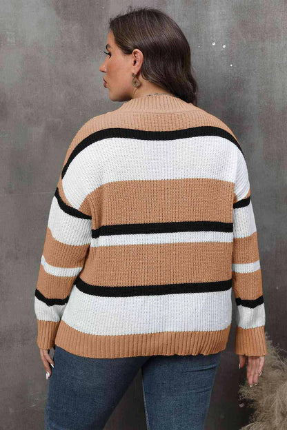 Plus Size Striped V-Neck Dropped Shoulder Sweater - Carri's Cache