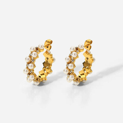 Pearl Rhinestone C-Hoop Earrings.