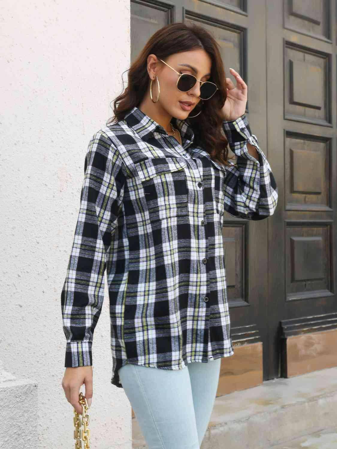 Plaid Collared Neck Buttoned Shirt with Pockets - Carri's Cache