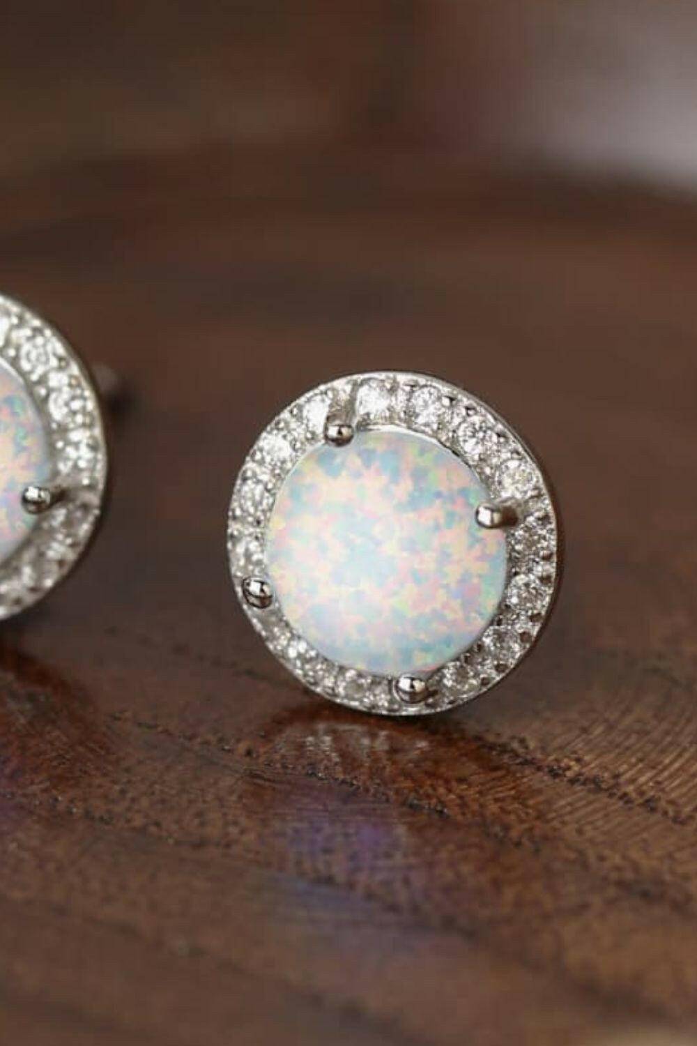 925 Sterling Silver Platinum-Plated Opal Round Stud Earrings.