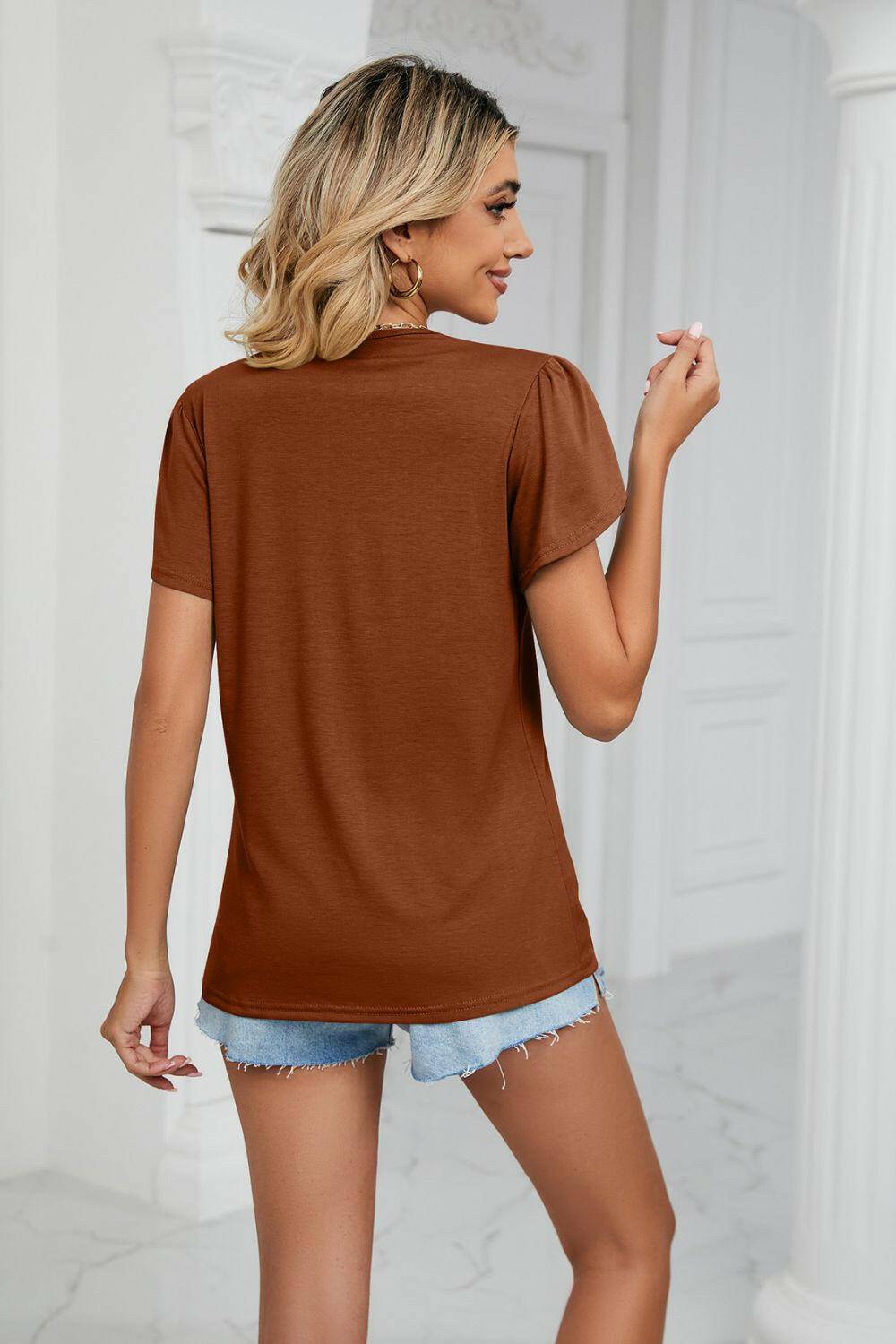 Contrast Trim Petal Sleeve V-Neck Top.