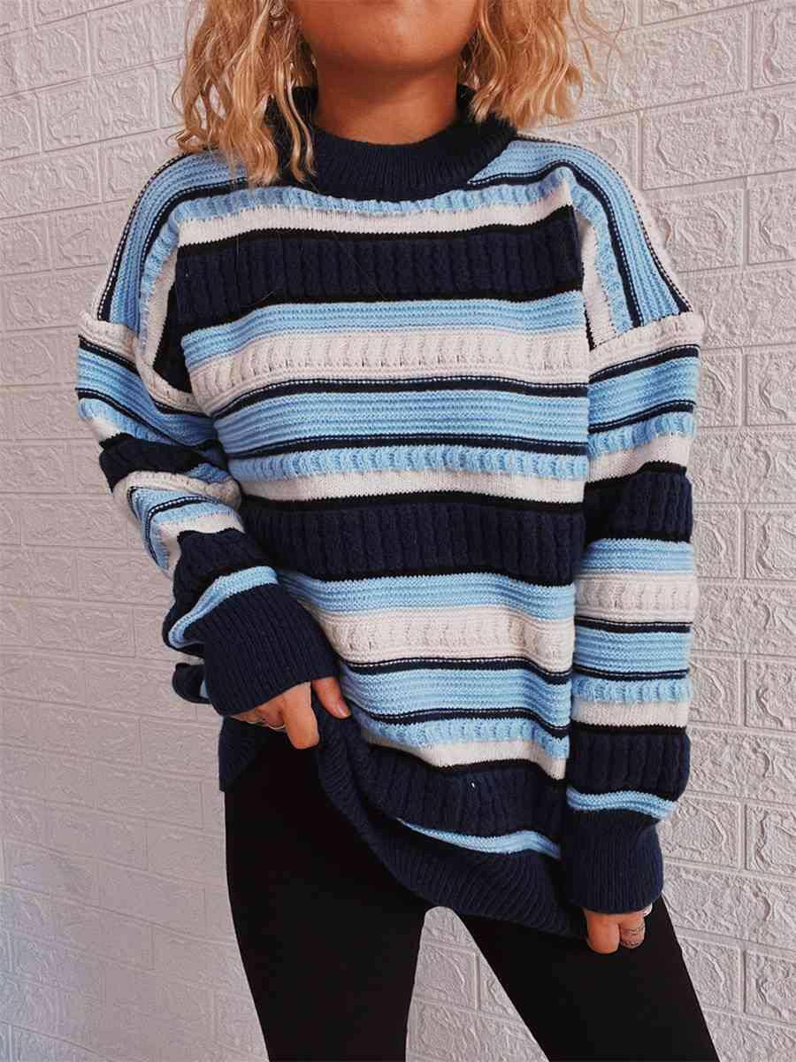 Striped Drop Shoulder Round Neck Sweater - Carri's Cache