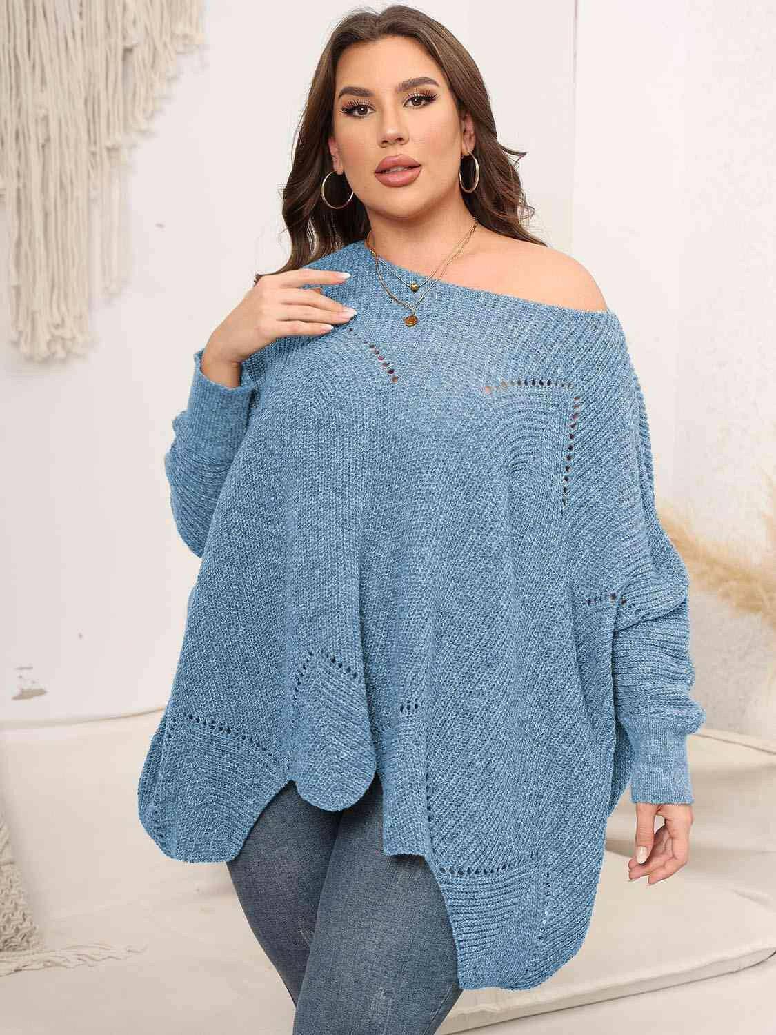 Plus Size Round Neck Batwing Sleeve Sweater - Carri's Cache