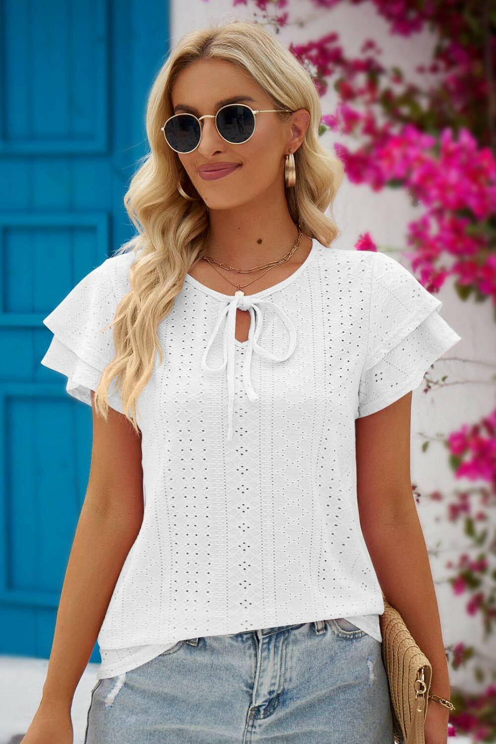 Eyelet Tie-Neck Flutter Sleeve Blouse.