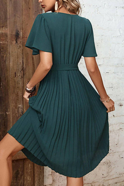 Buttoned V-Neck Flutter Sleeve Pleated Dress.