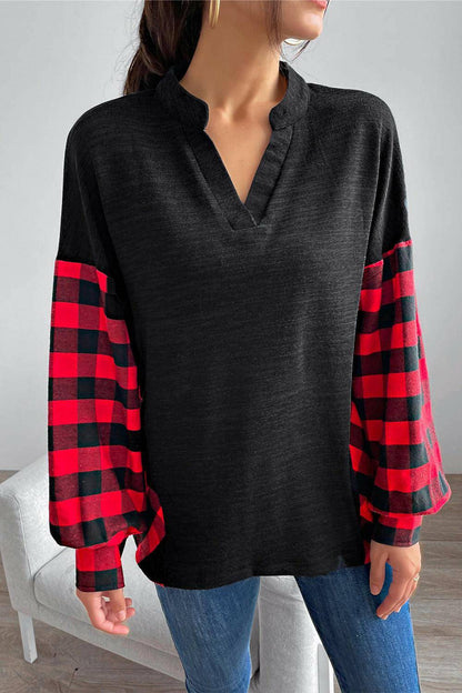 Buffalo Plaid Color Block Balloon Sleeve Top - Carri's Cache