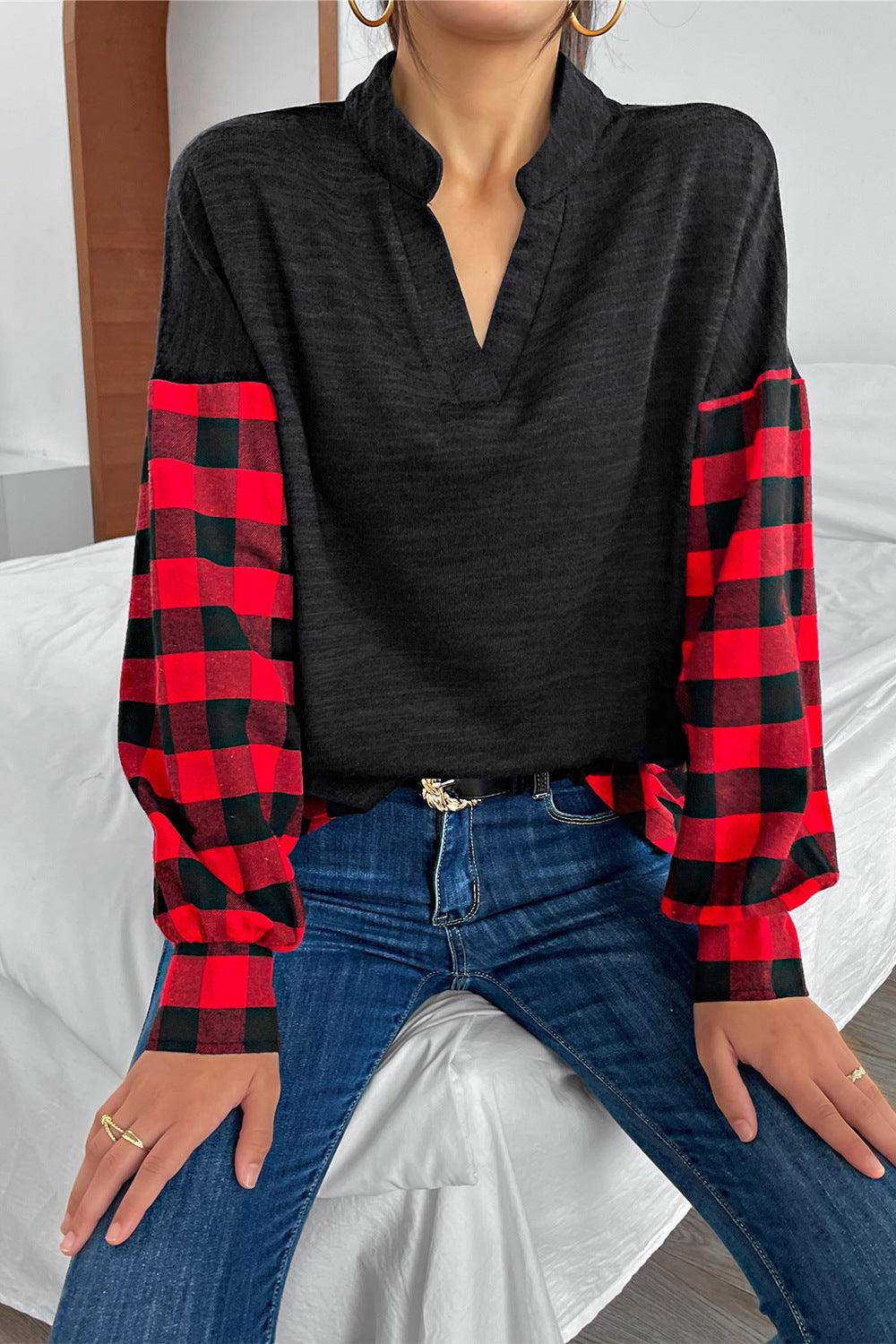 Buffalo Plaid Color Block Balloon Sleeve Top - Carri's Cache