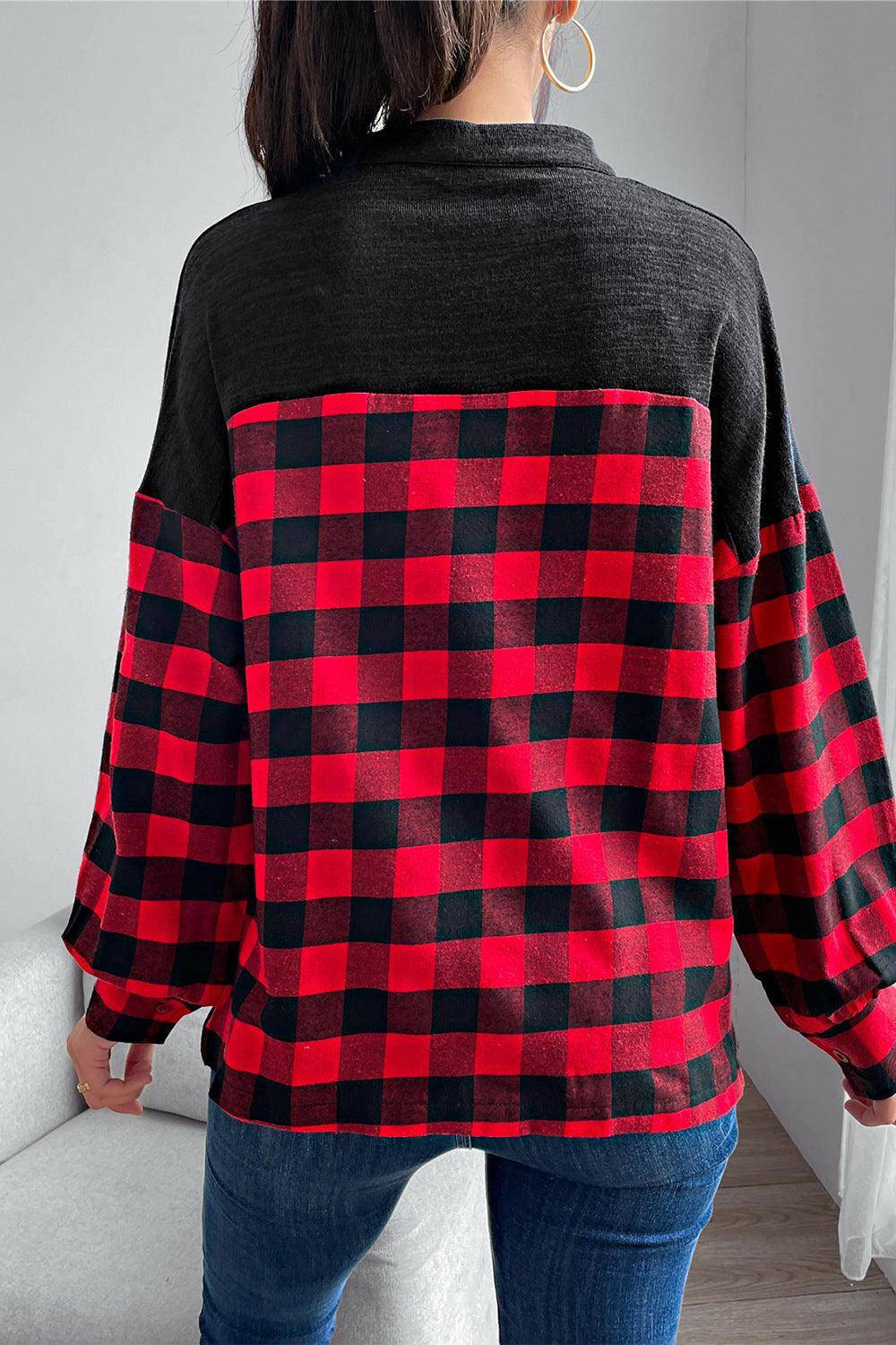 Buffalo Plaid Color Block Balloon Sleeve Top - Carri's Cache