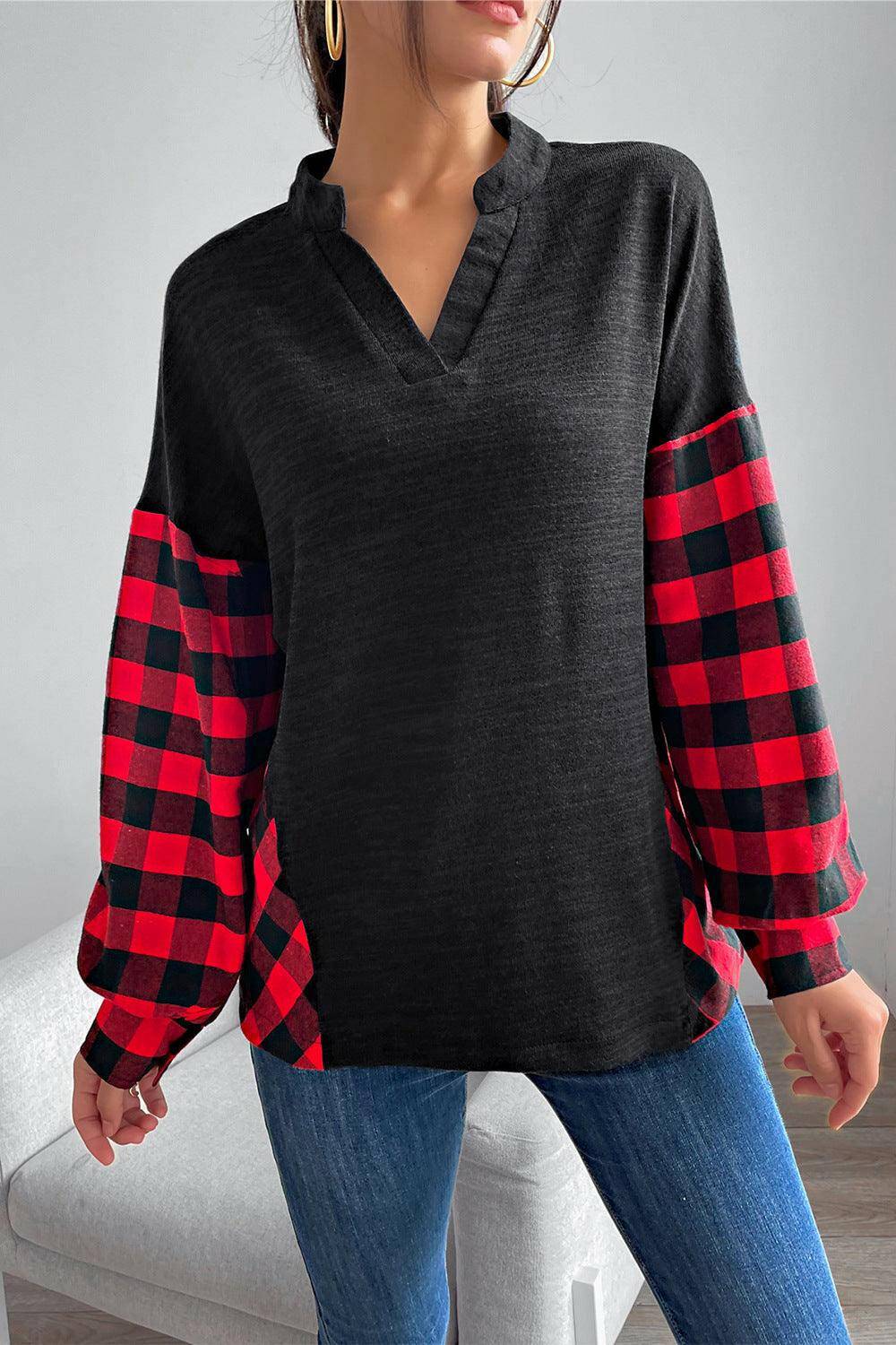 Buffalo Plaid Color Block Balloon Sleeve Top - Carri's Cache