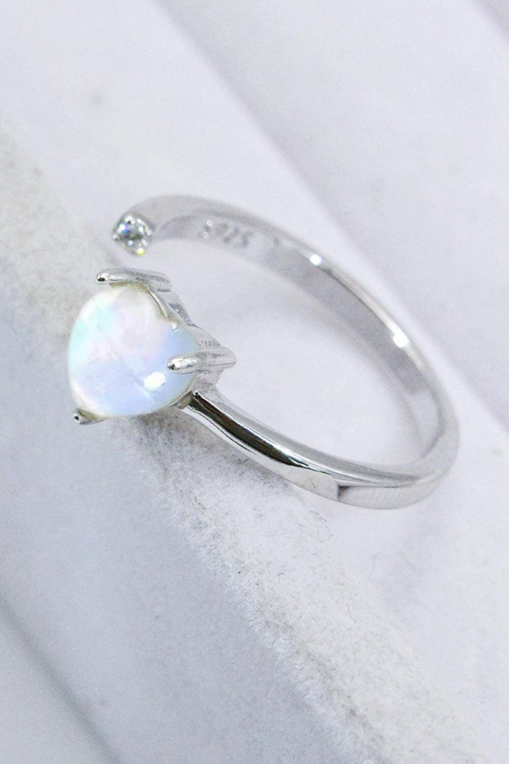 Inlaid Moonstone Heart Adjustable Open Ring.