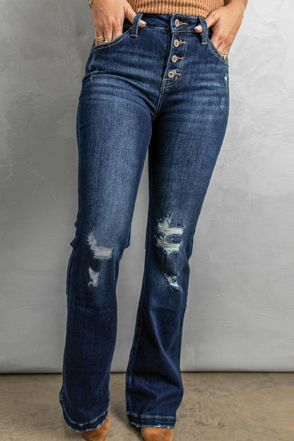 Button Fly Distressed Bootcut Jeans - Carri's Cache