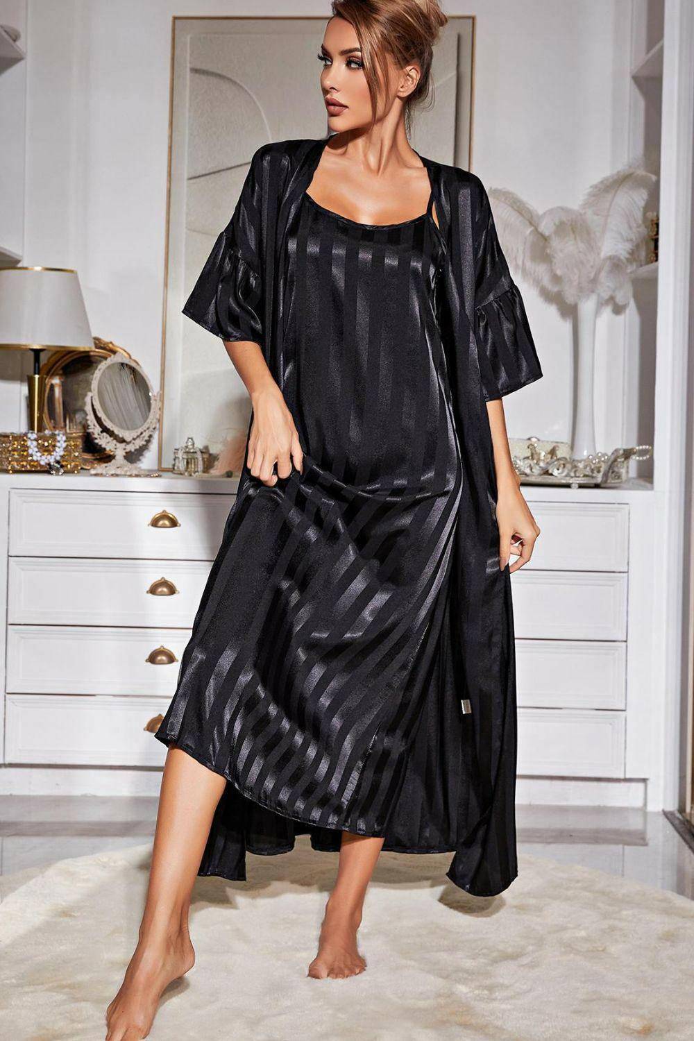 Striped Flounce Sleeve Open Front Robe and Cami Dress Set - Carri's Cache