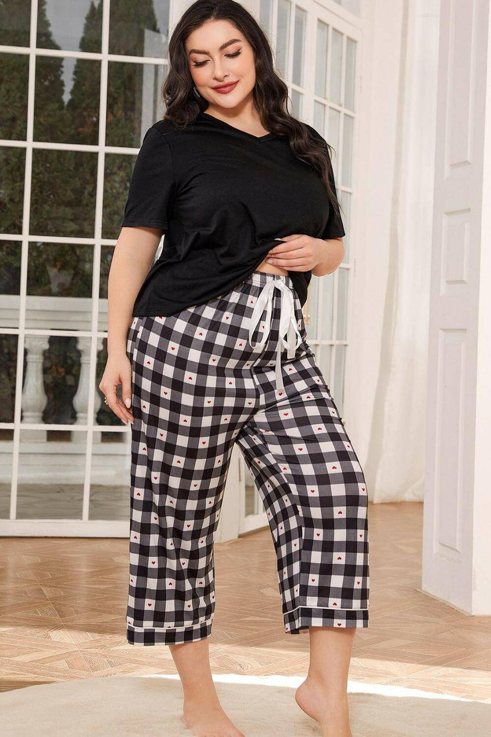 V-Neck Tee and Plaid Cropped Pants Lounge Set - Carri's Cache