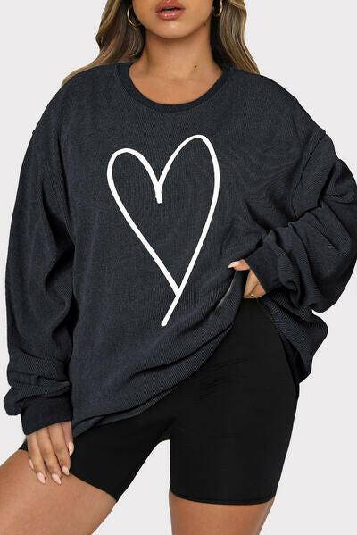 Plus Size Heart Ribbed Round Neck Sweatshirt - Carri's Cache