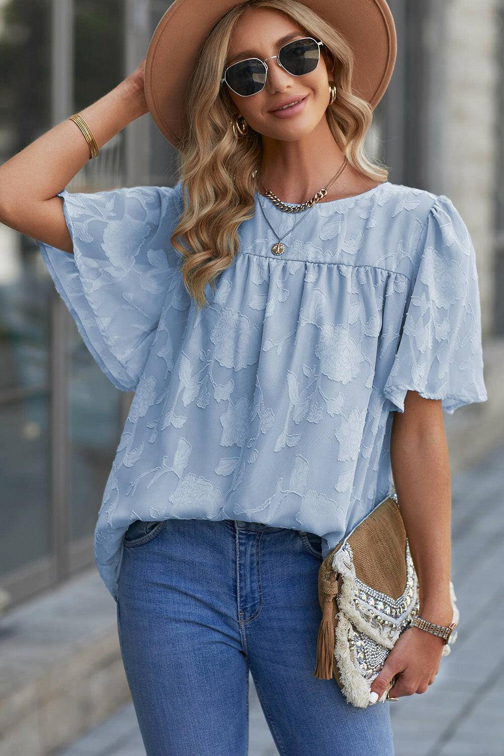 Round Neck Puff Sleeve Blouse - Carri's Cache