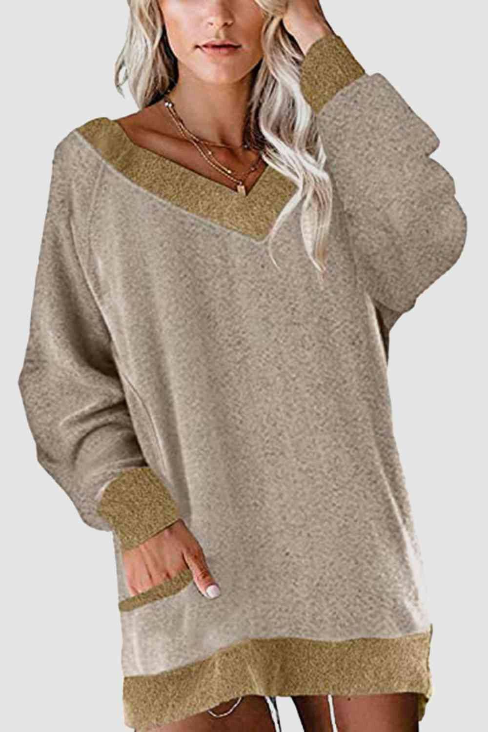 V-Neck Long Sleeve Sweatshirt with Pockets - Carri's Cache