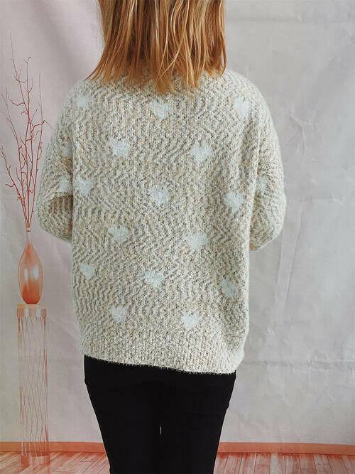 Heart Heathered Turtleneck Drop Shoulder Sweater - Carri's Cache