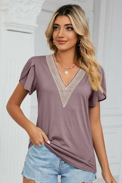 Contrast Trim Petal Sleeve V-Neck Top.