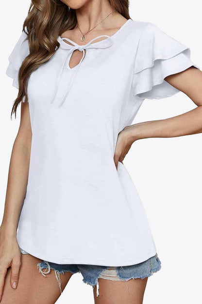 Tie-Neck Layered Flutter Sleeve Blouse.