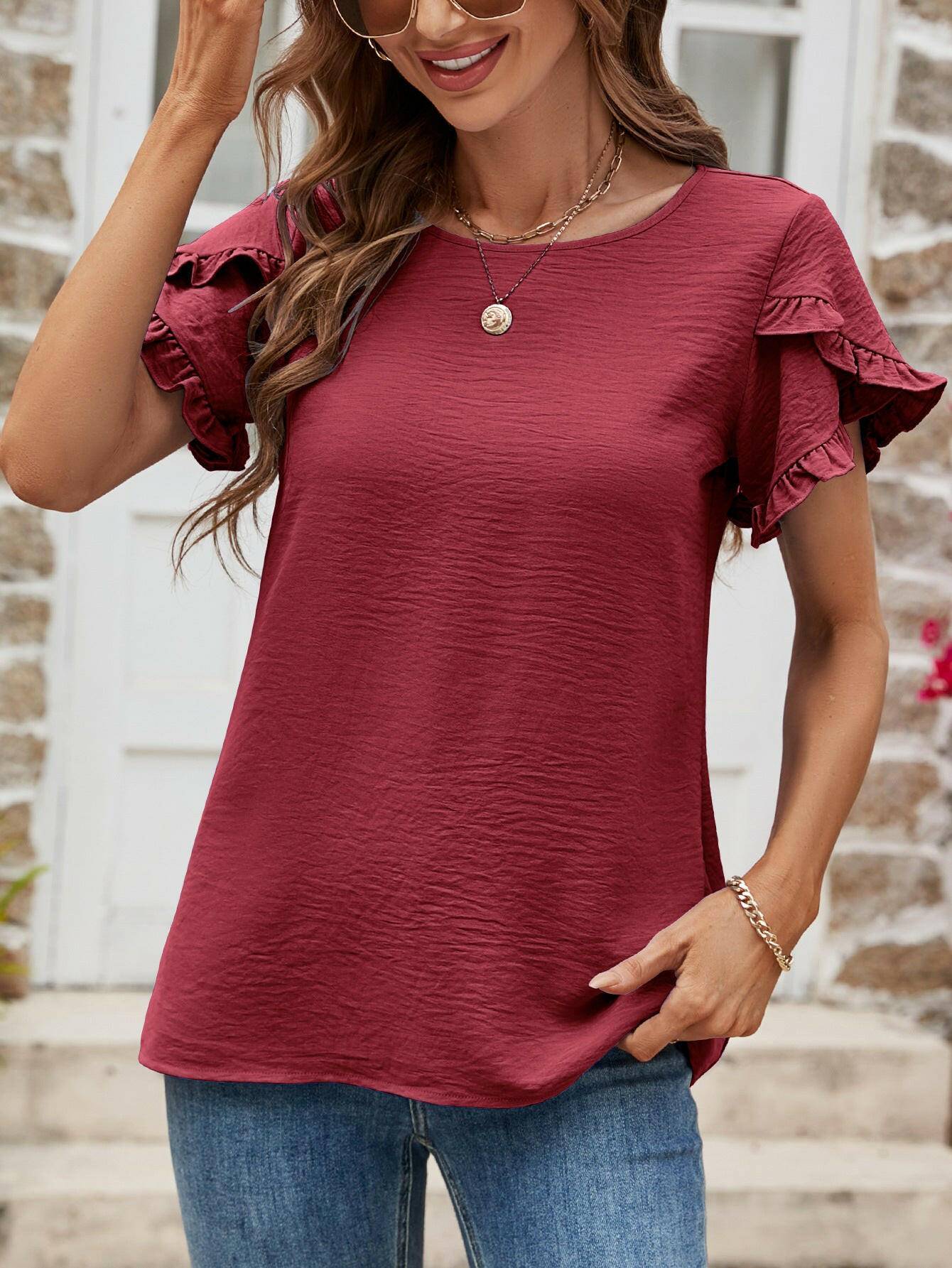 Textured Petal Sleeve Round Neck Tee.