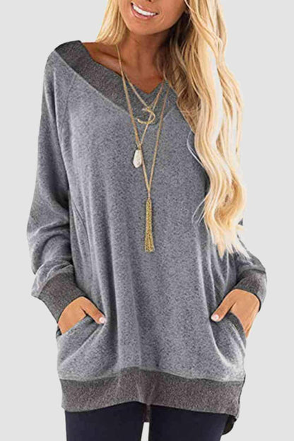 V-Neck Long Sleeve Sweatshirt with Pockets - Carri's Cache