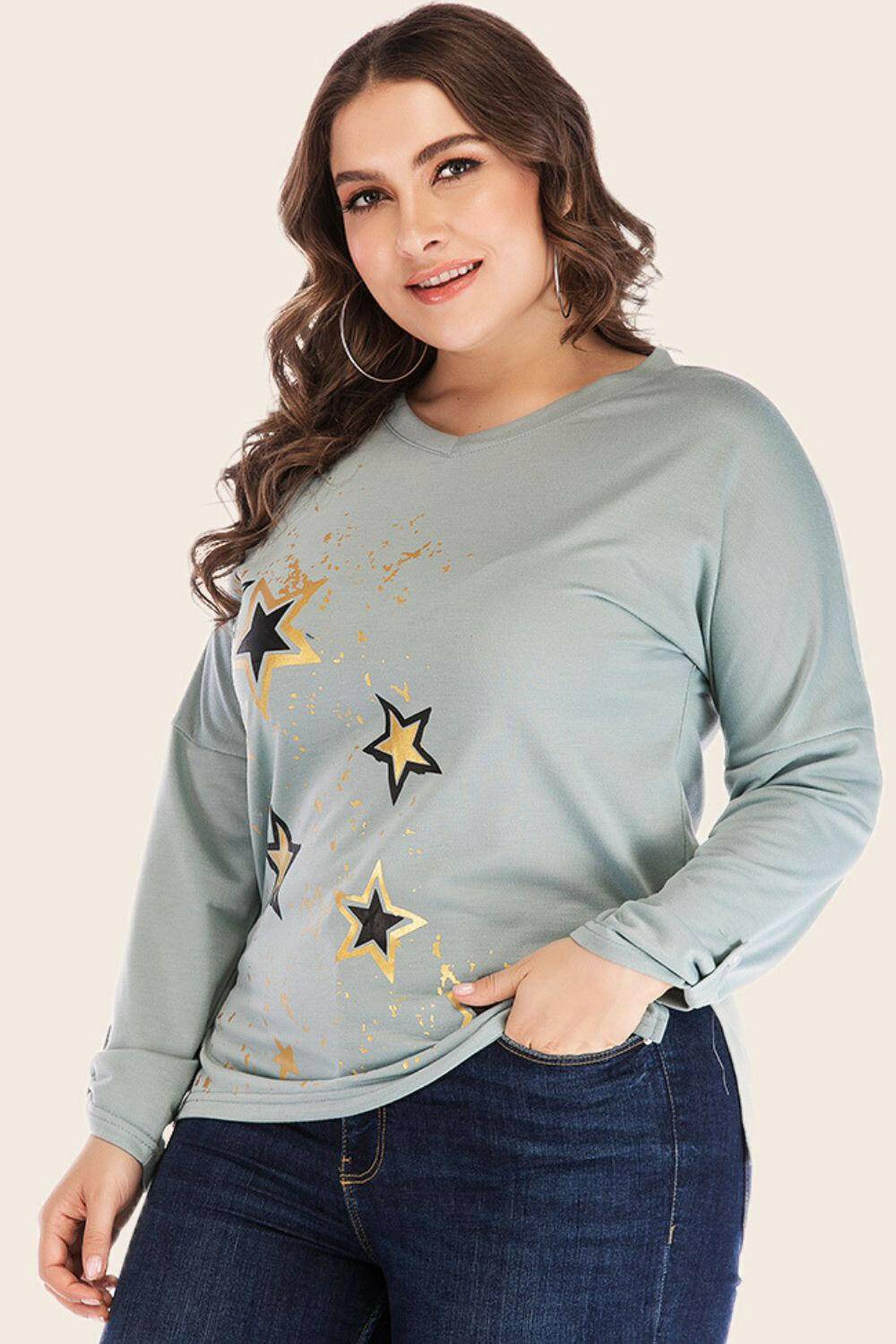 Plus Size Star Print Slit Dropped Shoulder Top.