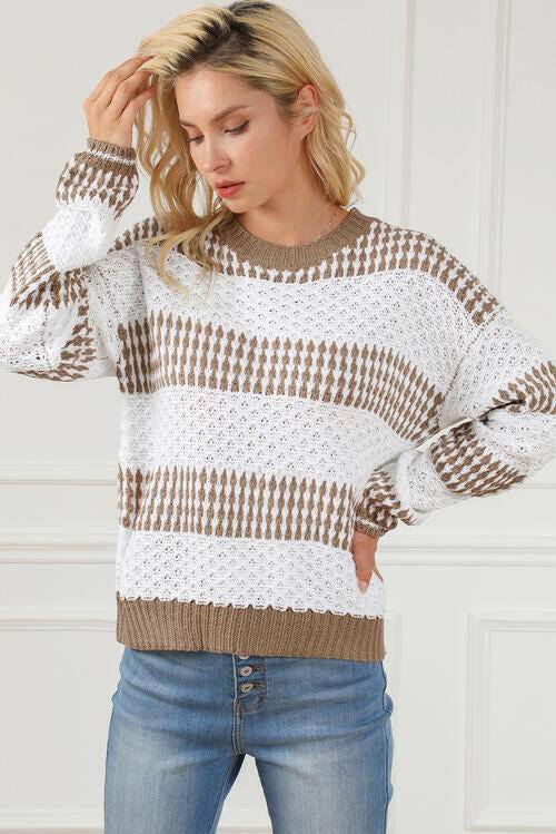 Striped Round Neck Long Sleeve Knit Top - Carri's Cache