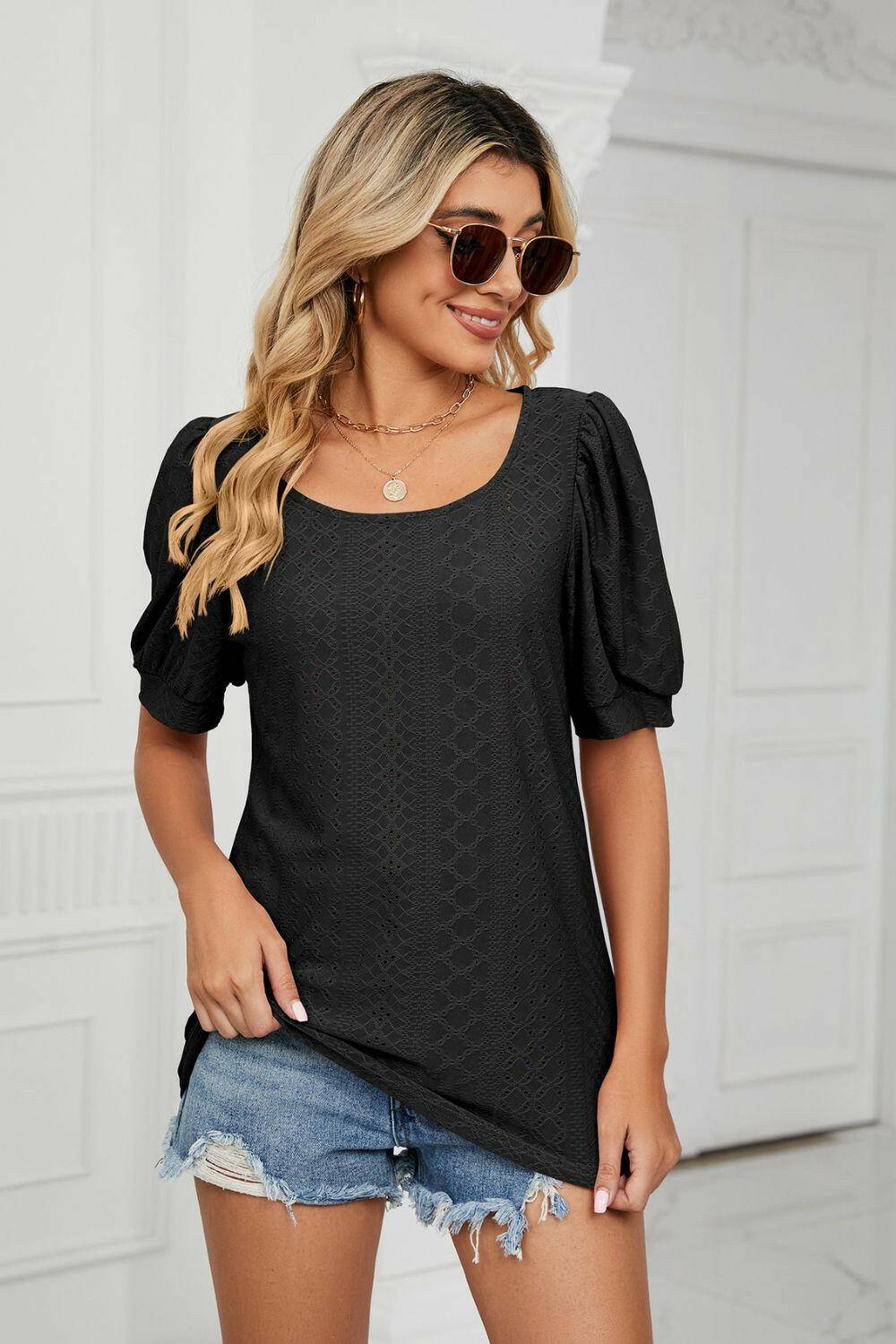 Eyelet Puff Sleeve Round Neck Top.