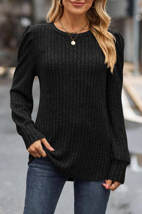 Ribbed Round Neck Long Sleeve Knit Top - Carri's Cache