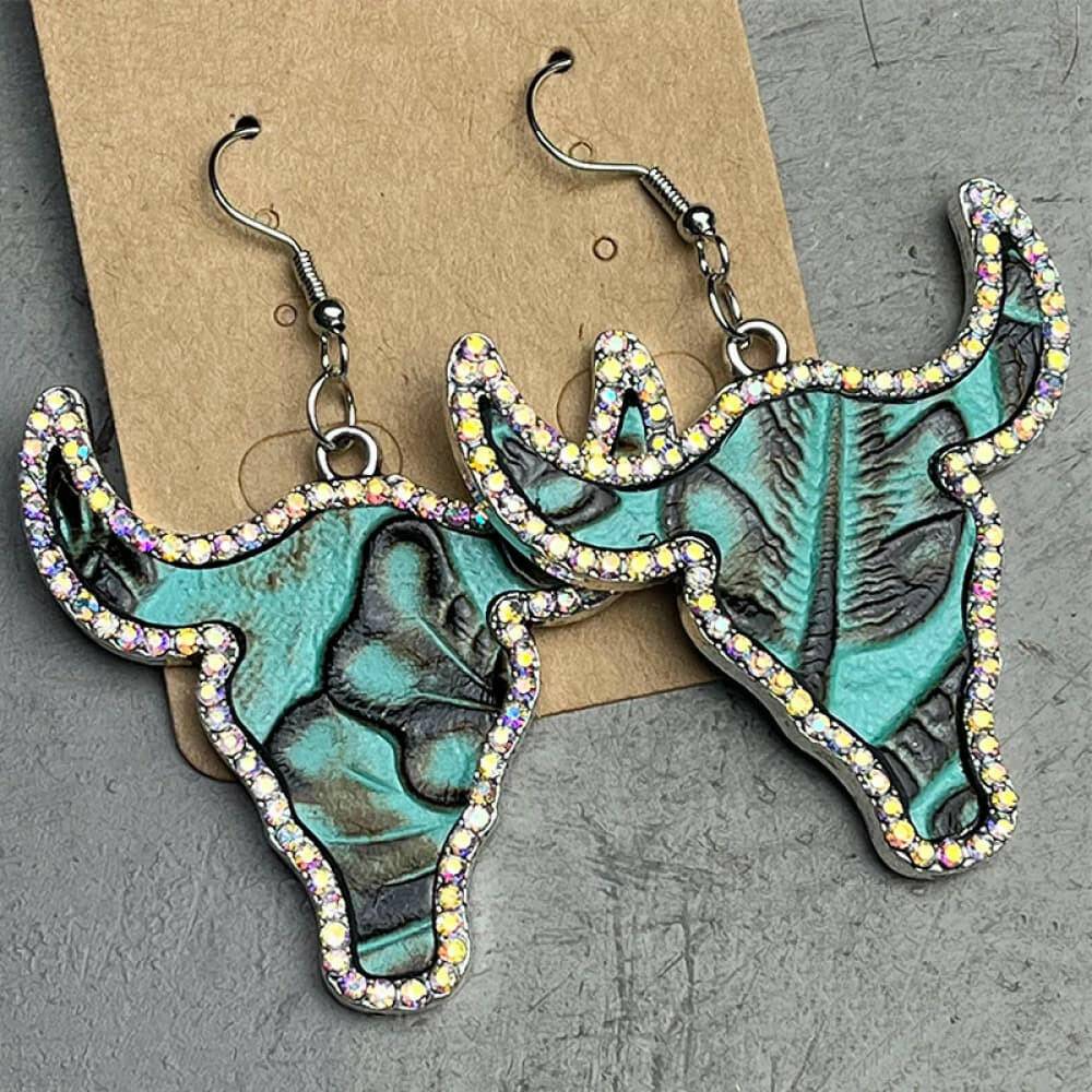 Rhinestone Trim Alloy Bull Earrings - Carri's Cache