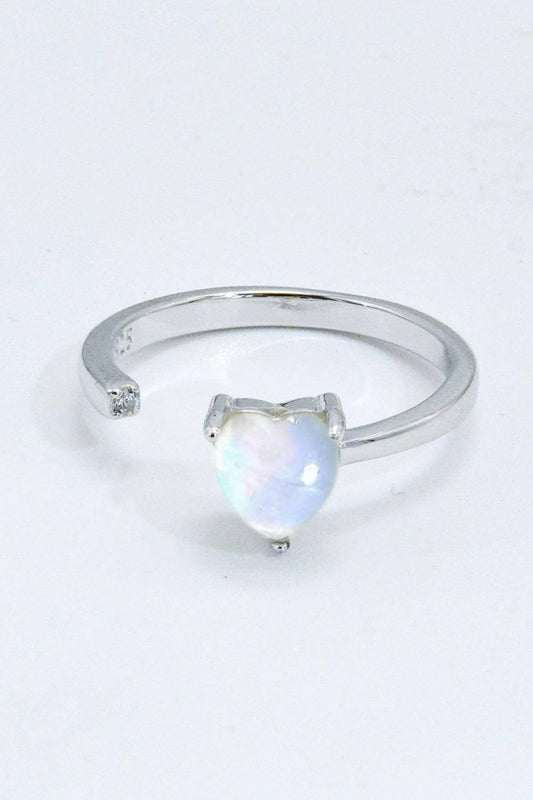 Inlaid Moonstone Heart Adjustable Open Ring.