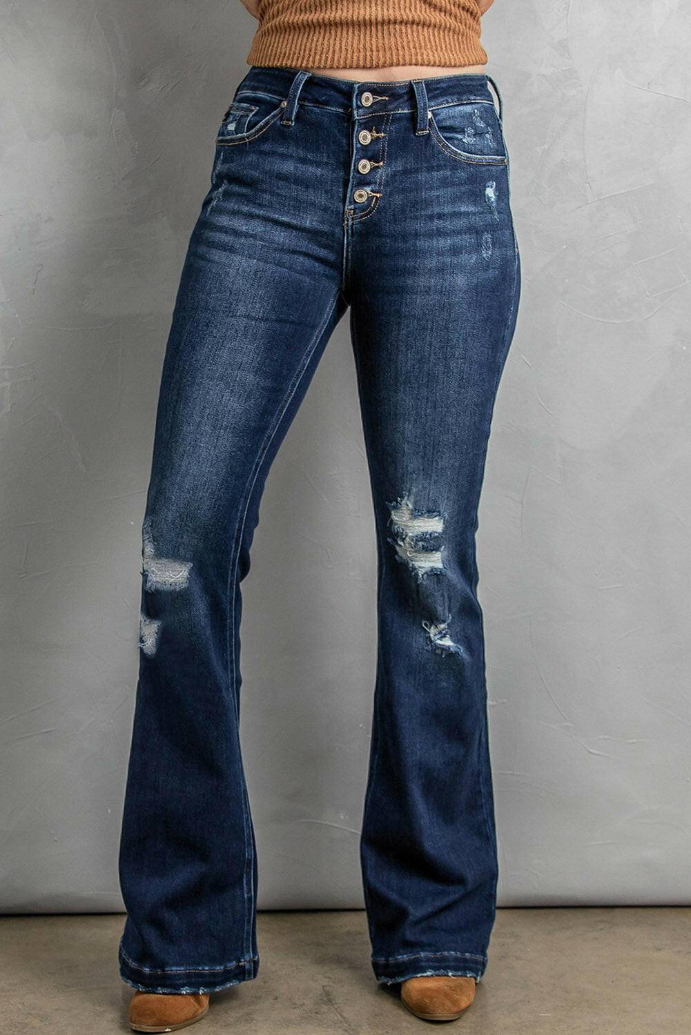 Button Fly Distressed Bootcut Jeans - Carri's Cache