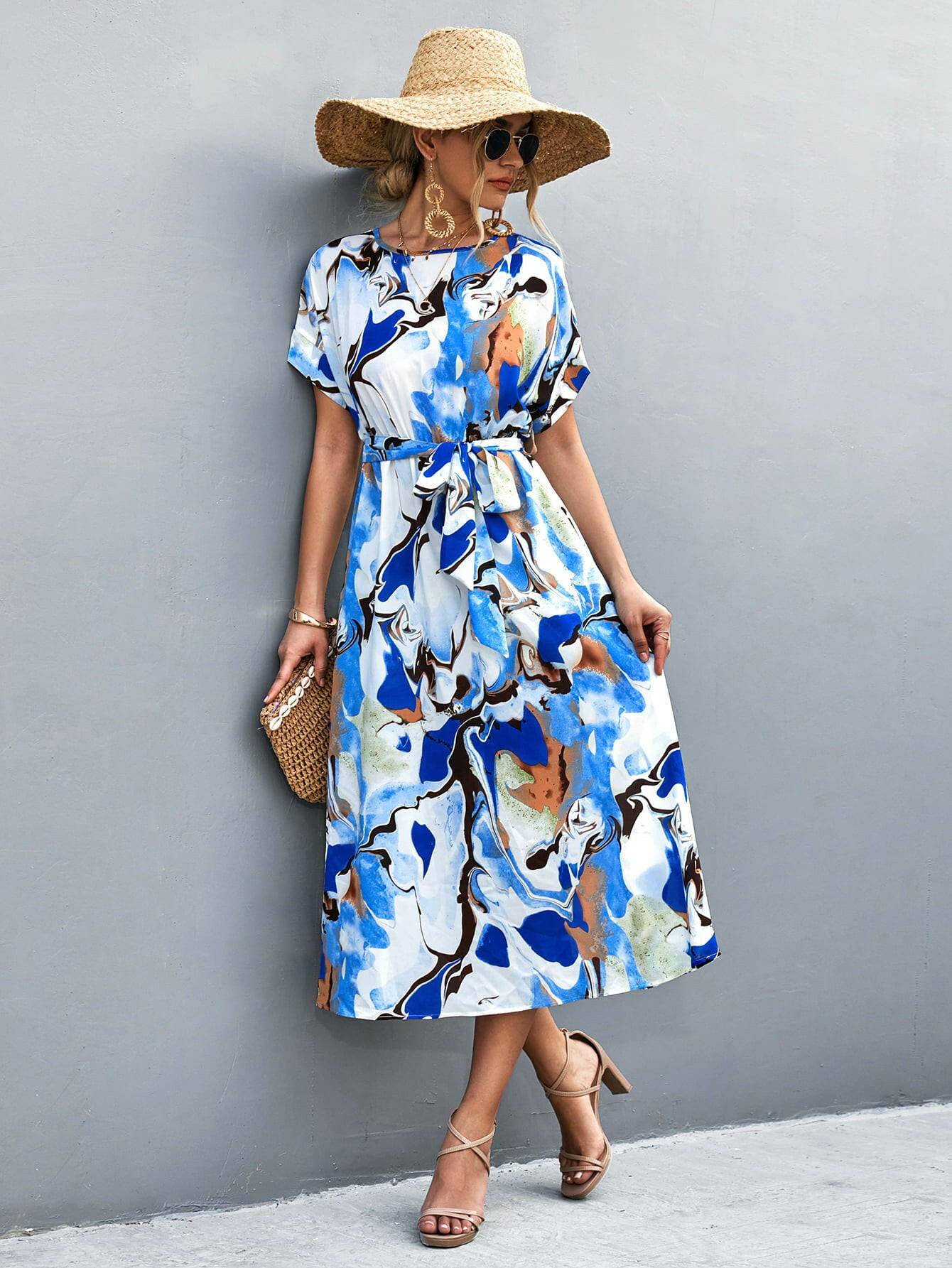 Round Neck Short Sleeve Tie Waist Midi Dress - Carri's Cache