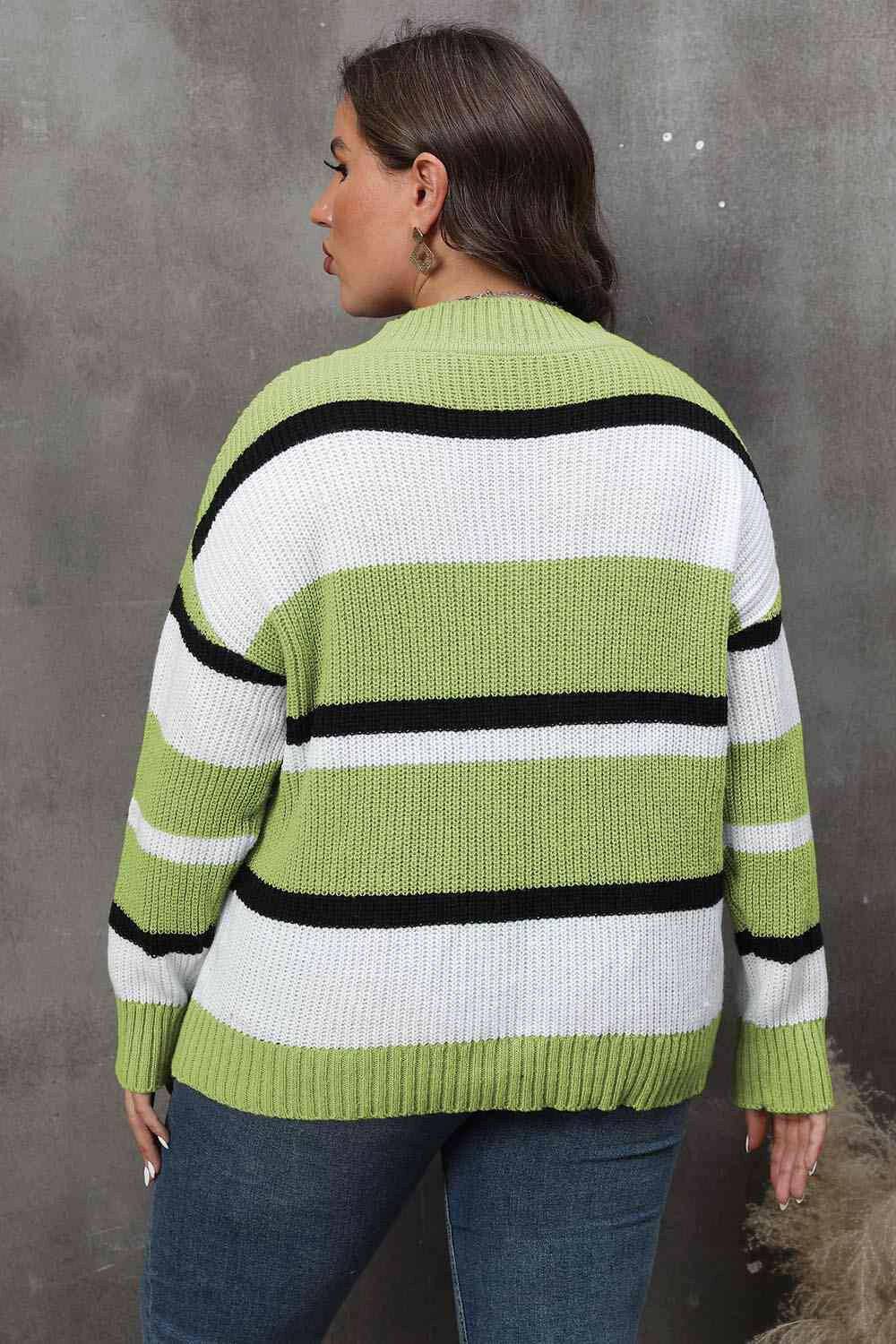 Plus Size Striped V-Neck Dropped Shoulder Sweater - Carri's Cache