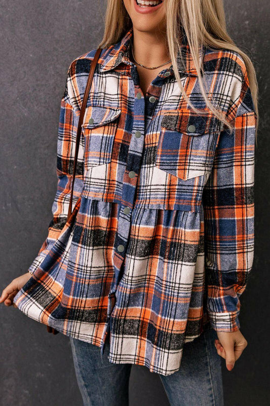 Plaid Button-Front Peplum Shirt.