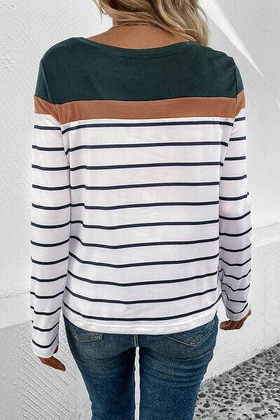 Striped Round Neck Long Sleeve T-Shirt - Carri's Cache