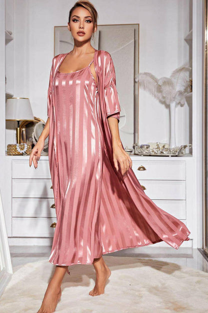 Striped Flounce Sleeve Open Front Robe and Cami Dress Set - Carri's Cache