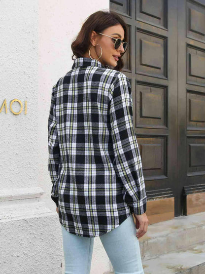 Plaid Collared Neck Buttoned Shirt with Pockets - Carri's Cache